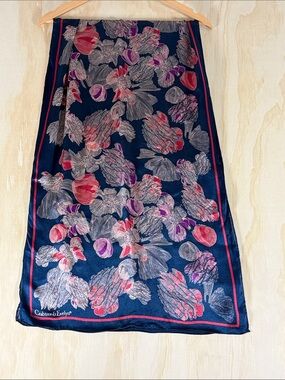 Crabtree & Evelyn Navy Silk Floral Scarf with Pink & Purple Accents